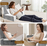 Grand oreiller de lecture pour lit et canapé, oreiller de dos pour adulte avec support de cou et accoudoirs, oreiller de dossier ergonomique avec poche et housse lavable pour se reposer, lire, regarder la télévision (WH)