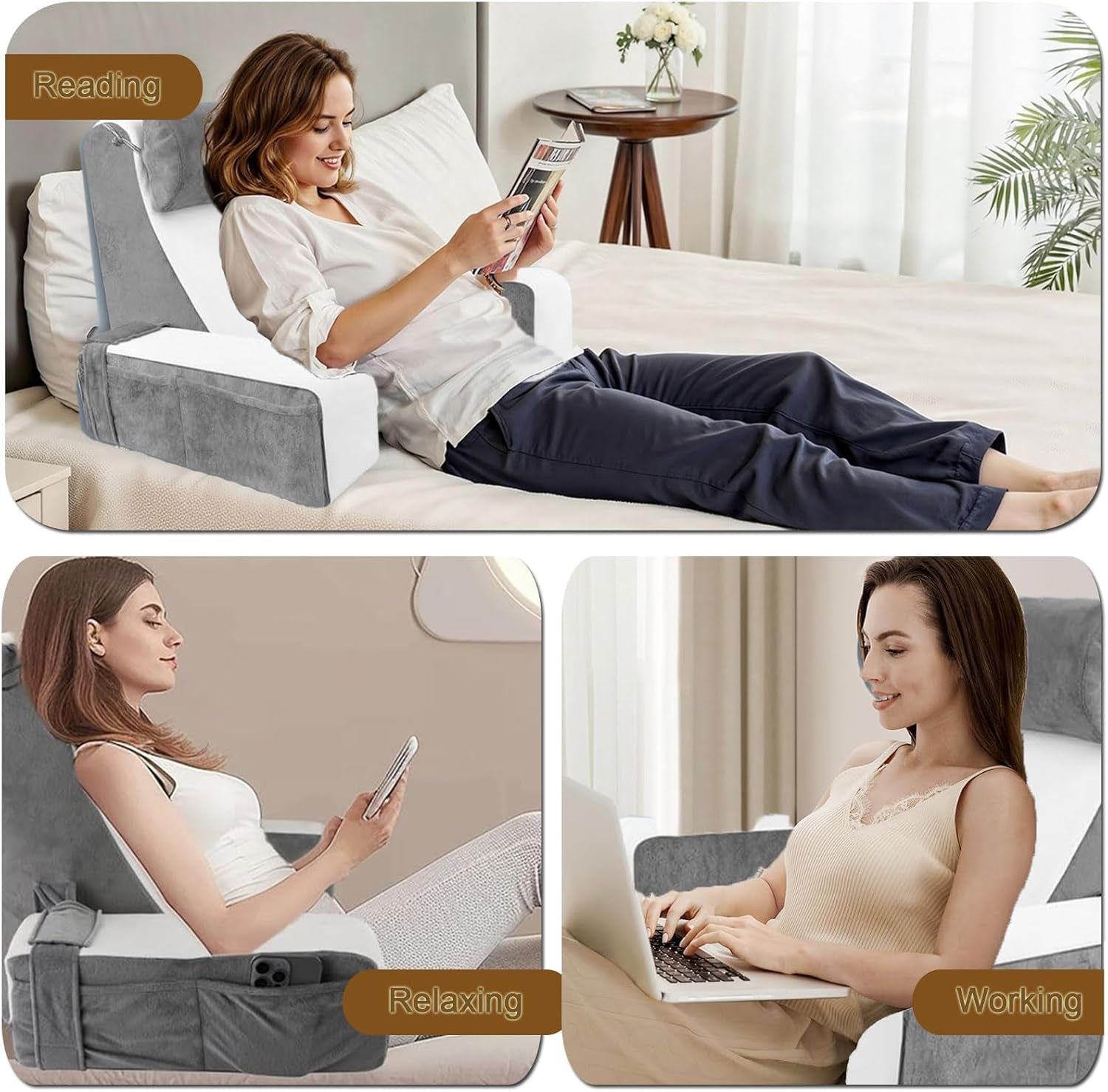 Grand oreiller de lecture pour lit et canapé, oreiller de dos pour adulte avec support de cou et accoudoirs, oreiller de dossier ergonomique avec poche et housse lavable pour se reposer, lire, regarder la télévision (WH)
