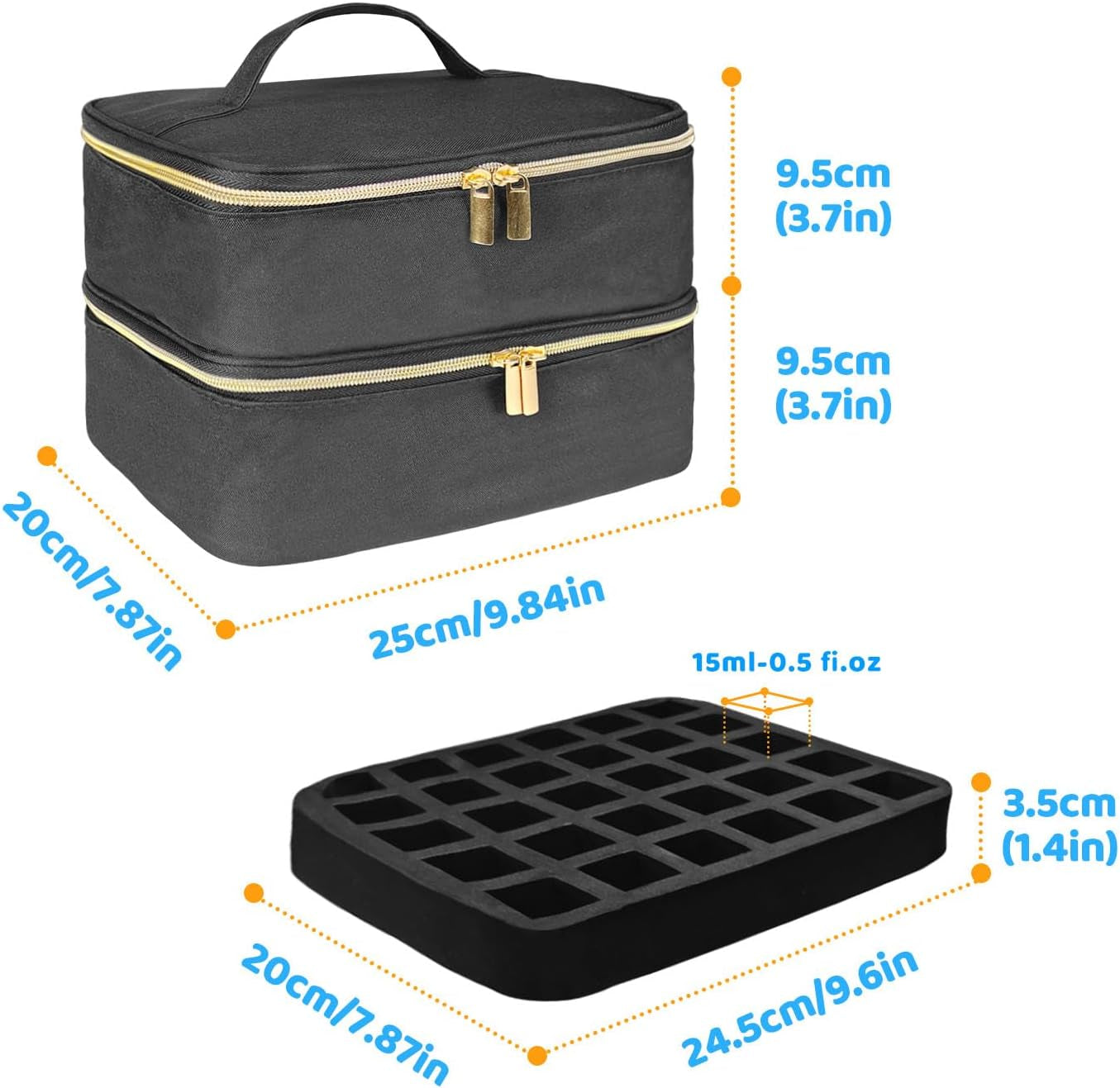 Sac organisateur de vernis à ongles, boîte de rangement double de vernis à ongles, organisateur de coffre pour le design des ongles, sacs cosmétiques pour 30 flacons de base Neonail (15 ml-0,5 fl. oz) et 1 lampe à ongles (noir)