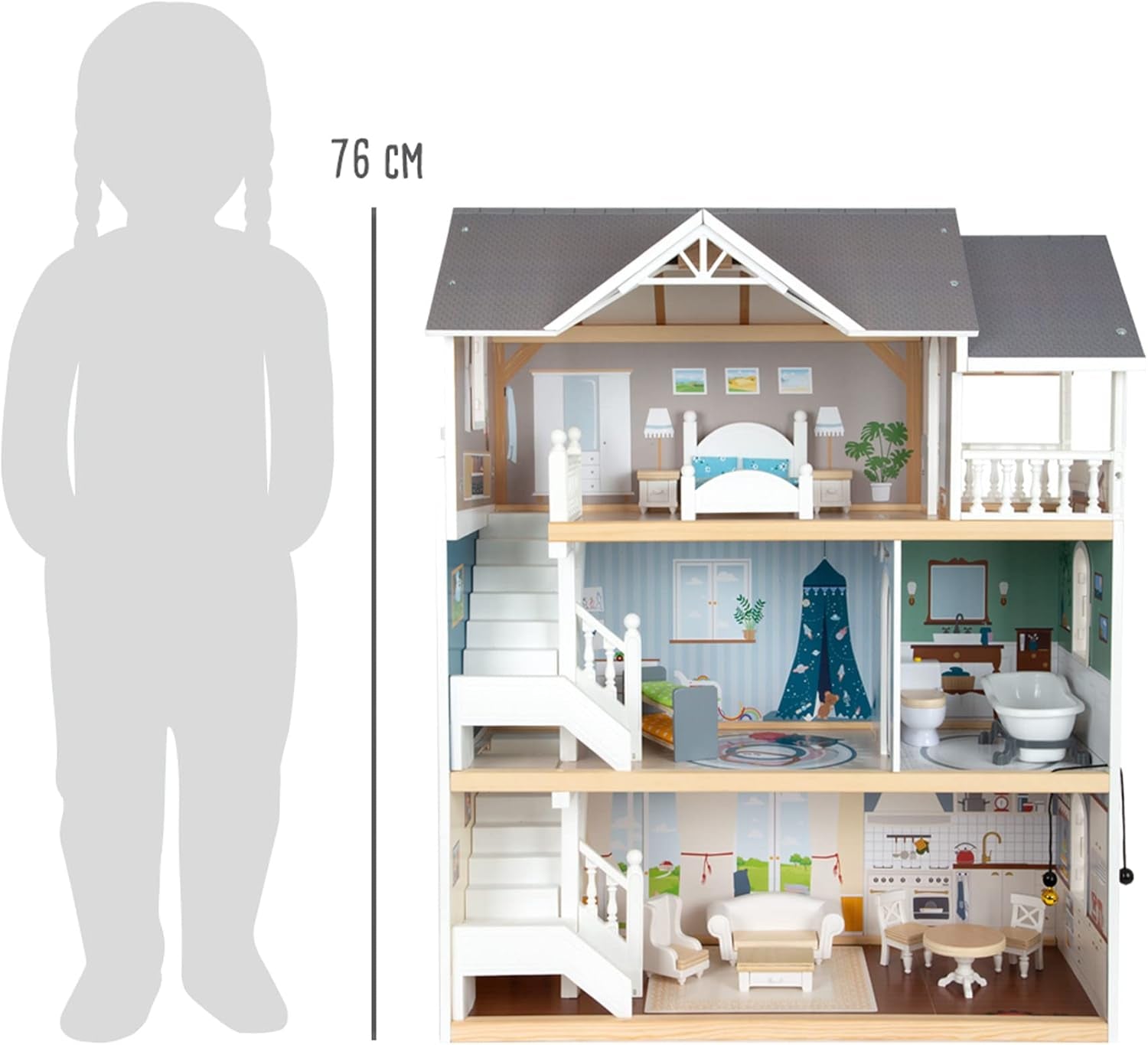 Small Foot Maison de poupée en bois à 3 étages avec façade ouverte et 12 meubles pour 3 ans et plus 11802 Blanc Gris