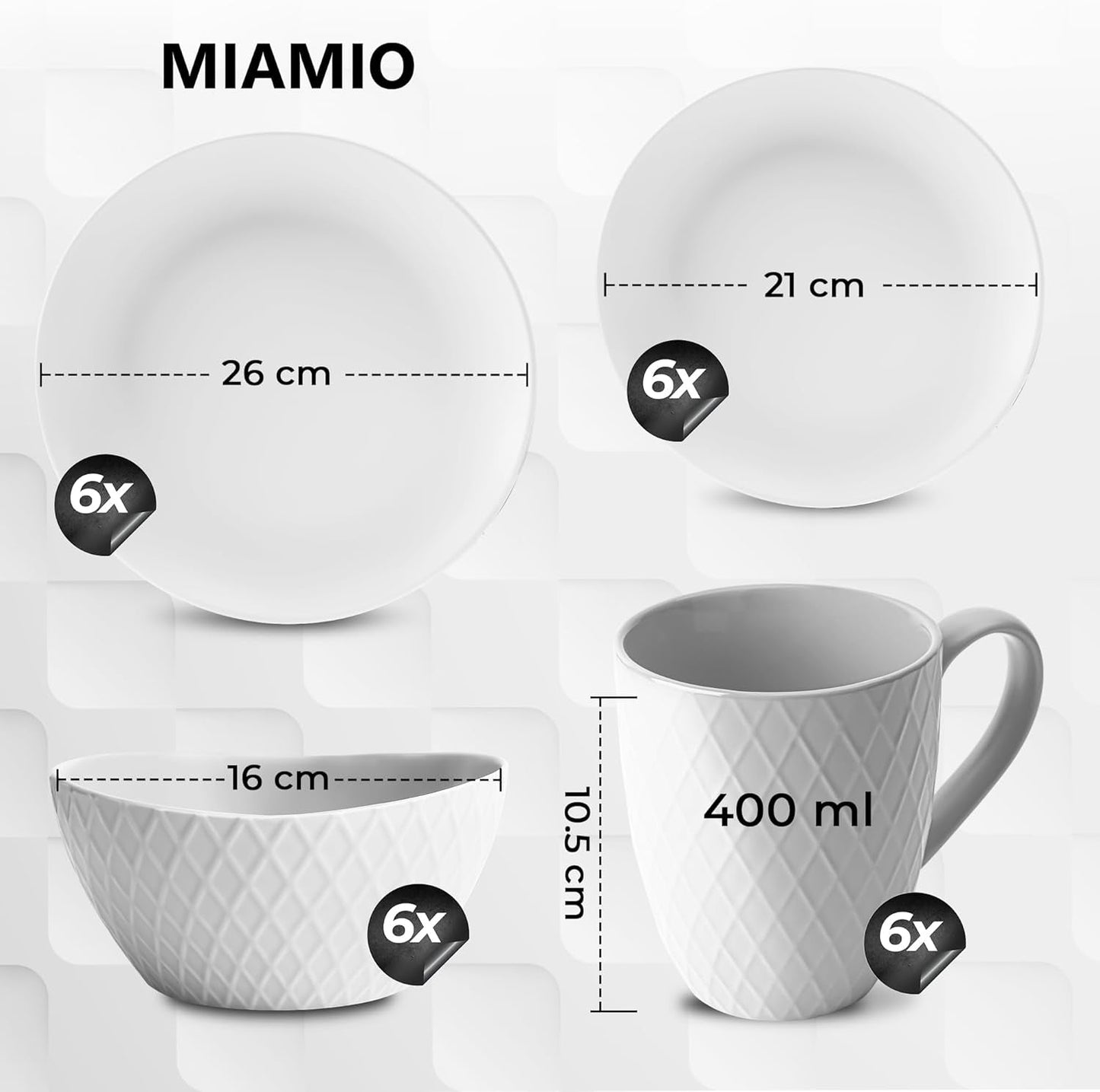 MIAMIO - Service de table en céramique, 24 pièces, service combiné pour 6 personnes - Passe au lave-vaisselle et au micro-ondes - Collection Palmanova (Blanc)