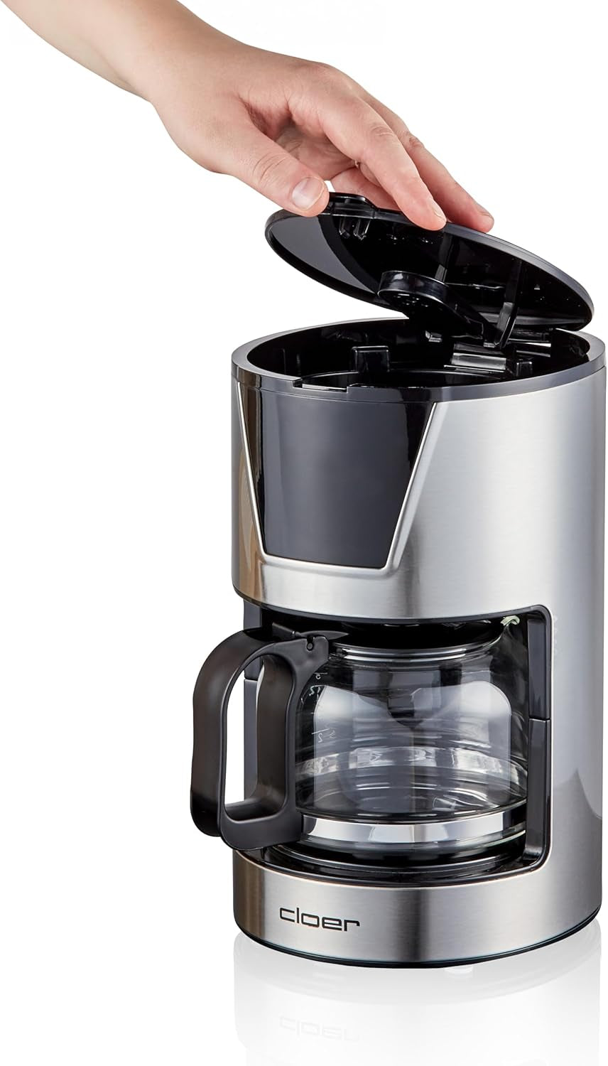 Machine à expresso à filtre Cloer 6 tasses, fonction maintien au chaud doux, carafe en verre, cuillère doseuse, indicateur de niveau d'eau, système anti-goutte, arrêt automatique, taille de filtre 1x2, 550 W, acier inoxydable