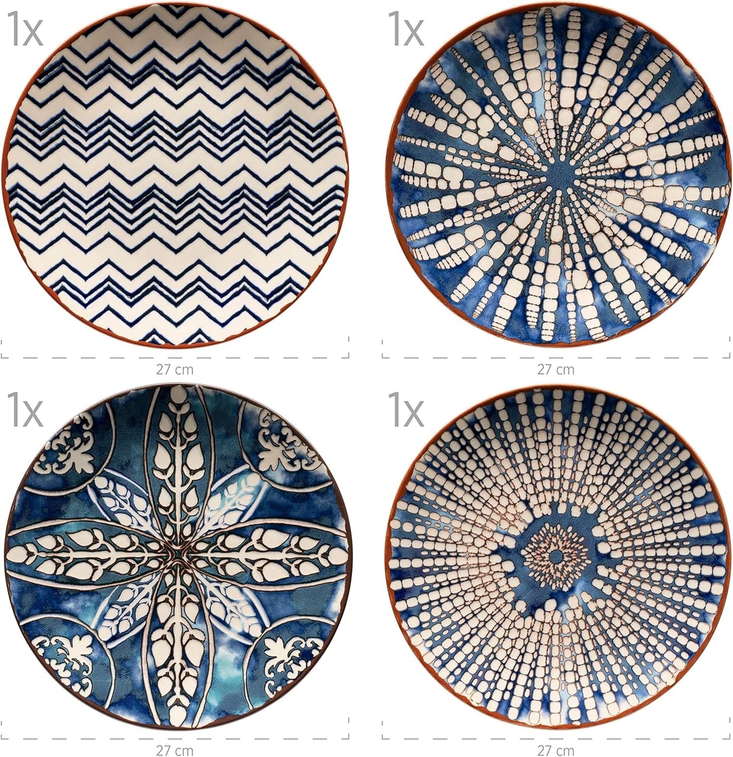 MÄSER 934017 Service de table ibérique bleu pour 4 personnes, 12 pièces, style mauresque, différents designs vintage en blanc et bleu, céramique