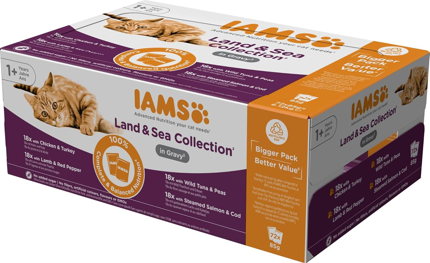 IAMS Delights Land & Sea Collection Nourriture humide pour chats - Assortiment de viande et de poisson multipack en sauce, nourriture humide pour chats à partir de 1 an, 72 x 85 g
