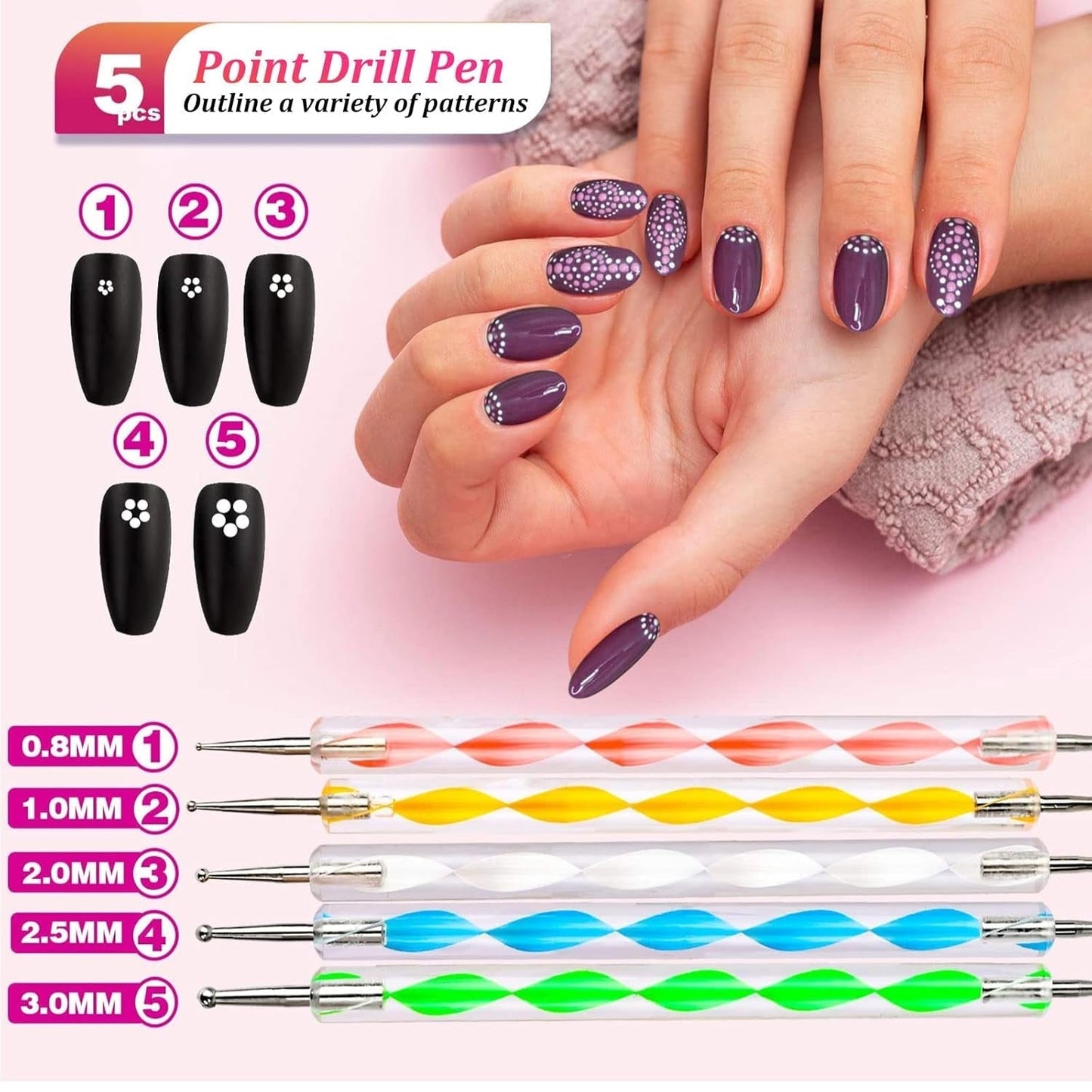 Ensemble de pinceaux et de décorations pour ongles, ensemble de pinceaux de décoration pour ongles, 15 pinceaux, 5 autocollants pour pinceaux, 5 stylos à pois, strass, paillettes ultra fines pour vernis à ongles