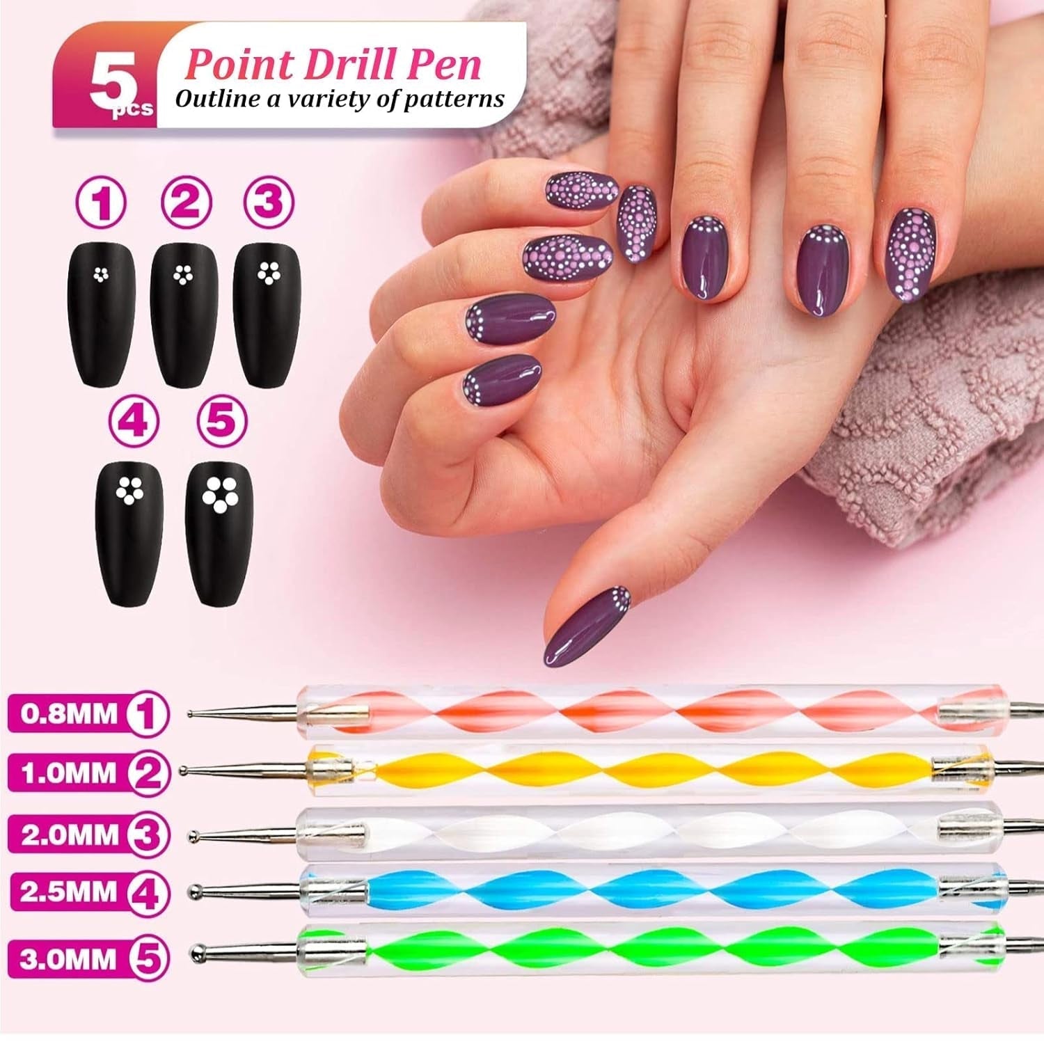 Ensemble de pinceaux et de décorations pour ongles, ensemble de pinceaux de décoration pour ongles, 15 pinceaux, 5 autocollants pour pinceaux, 5 stylos à pois, strass, paillettes ultra fines pour vernis à ongles