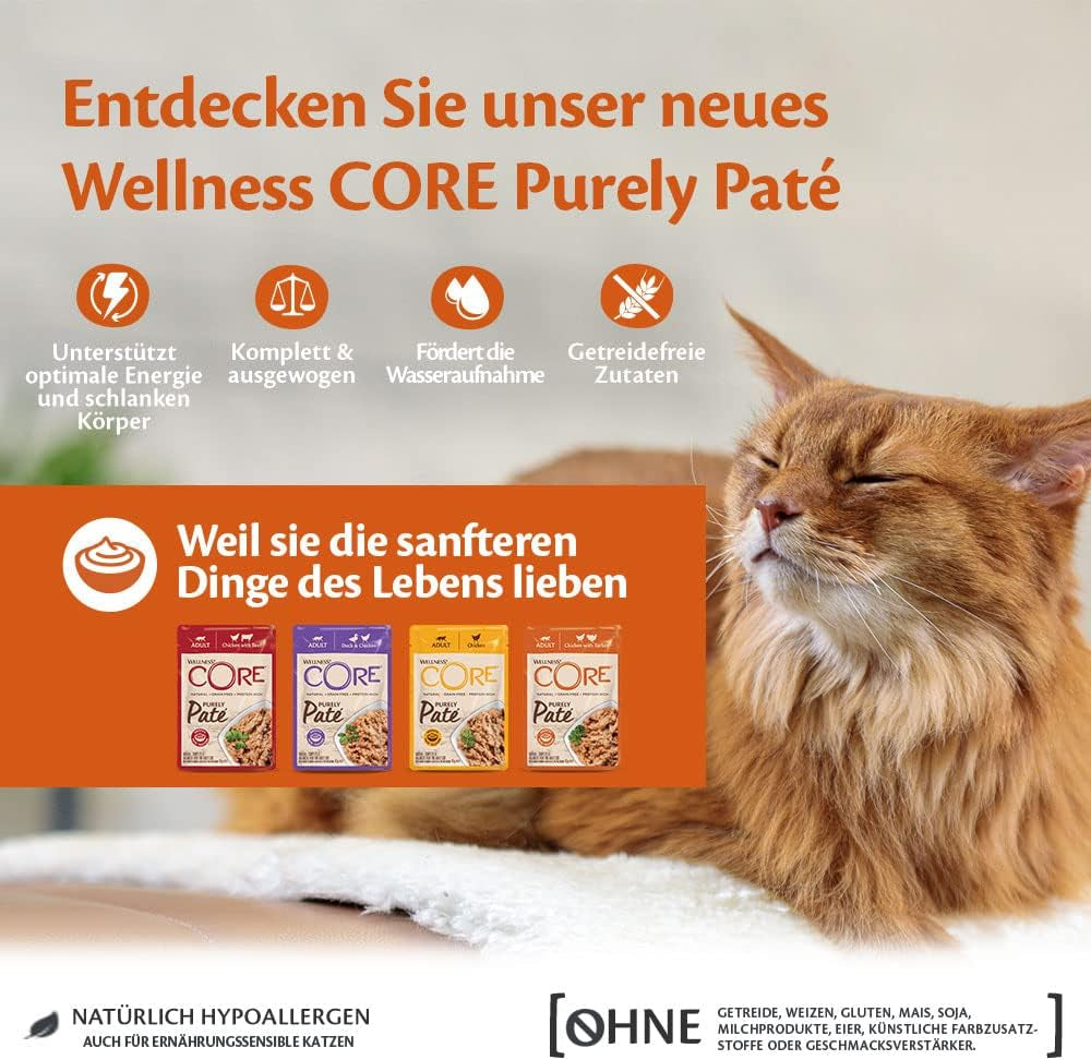 Wellness CORE Purely Paté 24 x 85g, Poulet et Dinde - Nourriture humide pour chats, pâté fin, sans céréales, naturelle, hypoallergénique, riche en protéines, riche en viande