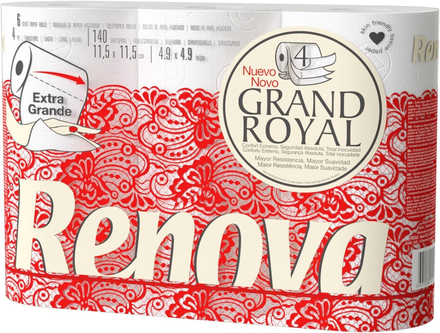 Papier toilette Renova Renova Grand Royal 4 épaisseurs - 6 rouleaux, Large (paquet de 5)