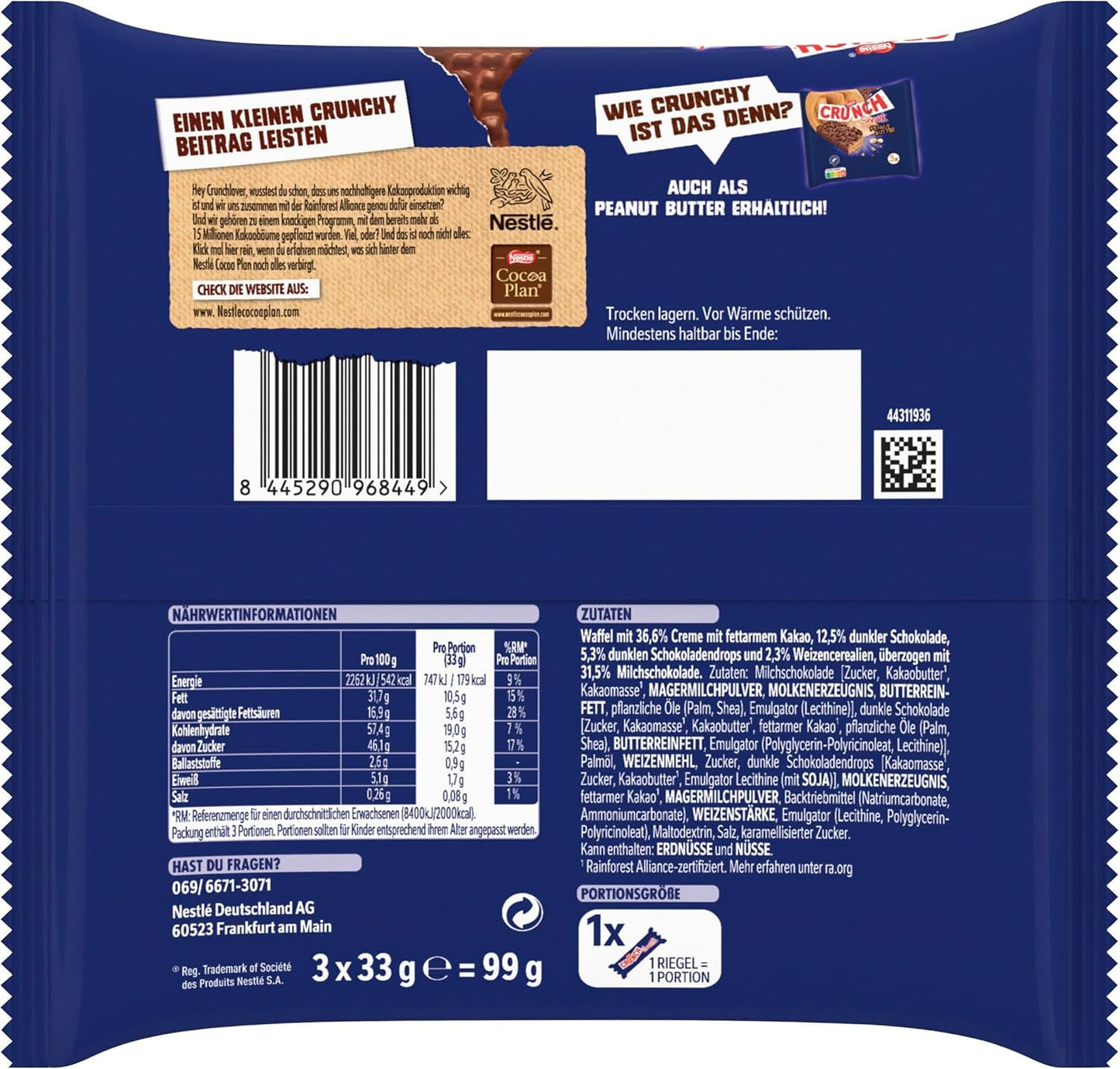 Nestlé CRUNCH Milk Bar, barre de chocolat croquante au chocolat au lait et céréales, 1 paquet (3 x 33g)