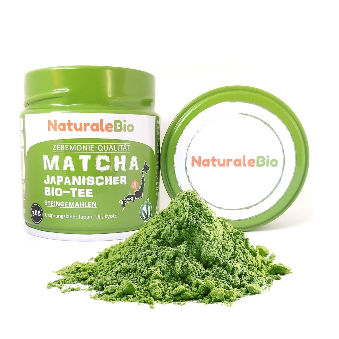 Poudre de thé Matcha de qualité cérémonielle Naturalebio Thé vert original du Japon. Poudre de thé vert Matcha de qualité cérémonielle fabriquée à Uji, Kyoto. Idéal pour boire, cuisiner et prendre des lattés. Boîte de 30 g.