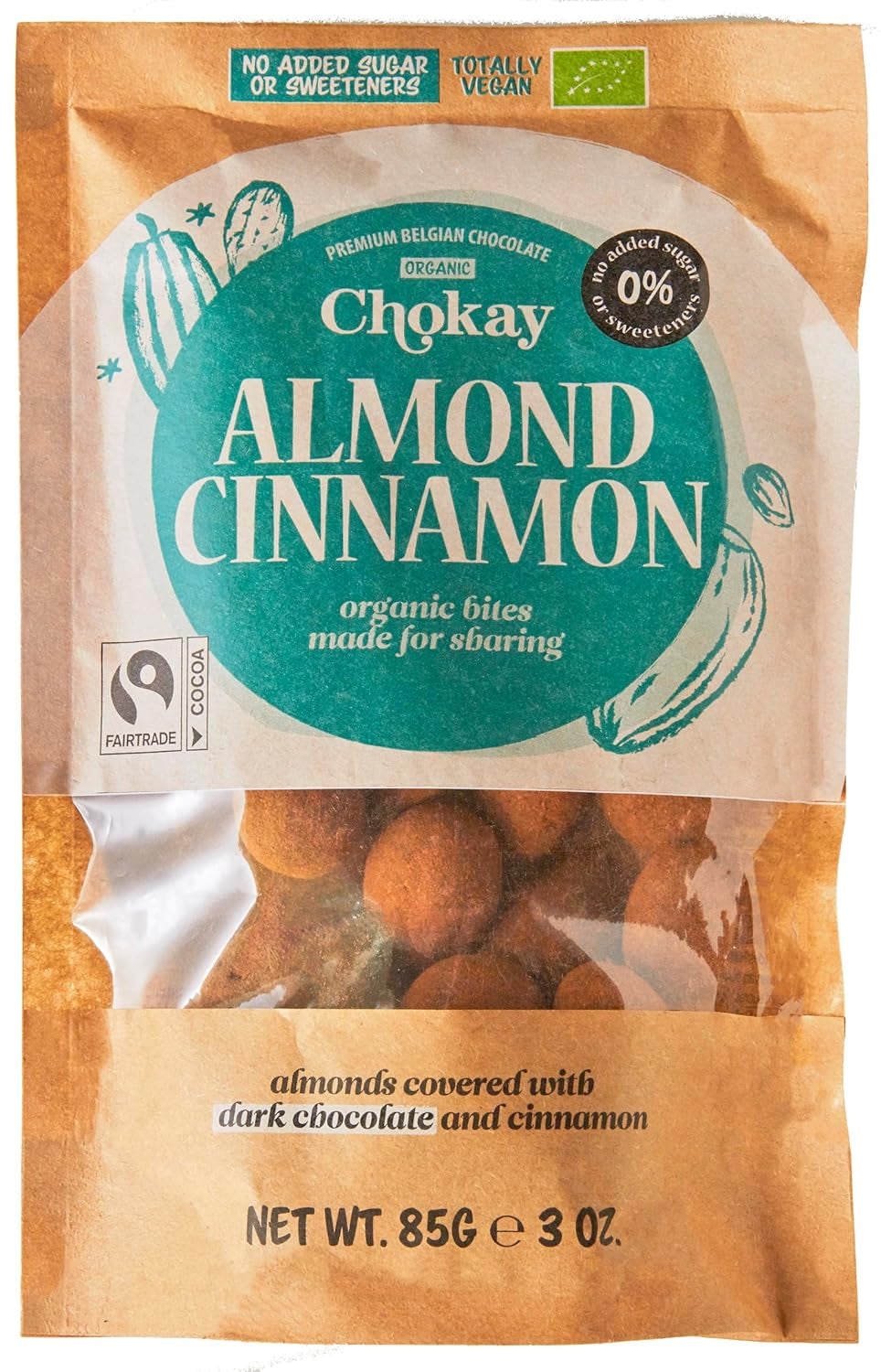 Ensemble de 4 bouchées biologiques - Amandes à la cannelle/Amandes à la cannelle dans du chocolat noir belge/Sans sucre ajouté, sans édulcorants/VEGAN & FAIR COMMERCE / 4 x 85g