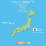 Poudre de thé Matcha de qualité cérémonielle Naturalebio Thé vert original du Japon. Poudre de thé vert Matcha de qualité cérémonielle fabriquée à Uji, Kyoto. Idéal pour boire, cuisiner et prendre des lattés. Boîte de 30 g.