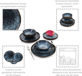 SANGER | Service de table Tokyo Service de table 12 pièces en grès pour 4 personnes comprenant des assiettes plates, des assiettes à dessert et des bols, bleu foncé avec des accents noirs | LA COLLECTION PREMIUM