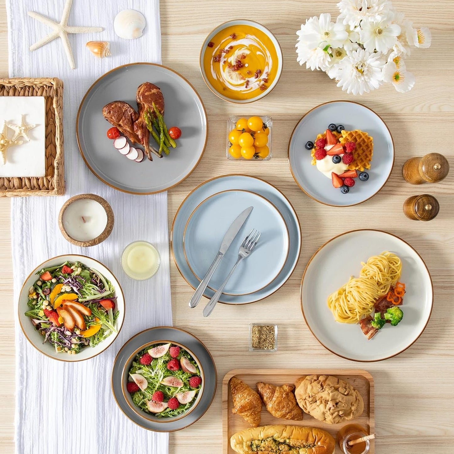 Ensemble de cuisine pour 6 personnes, vancasso RENO 24-tlg Steingut Teller Set Mix, Tafelservice mit je 6 Speiseteller, Dessertteller, Suppenteller, Müslischalen, Spülmaschinenfest & Mikrowellengeeignet, Mehrfarbig