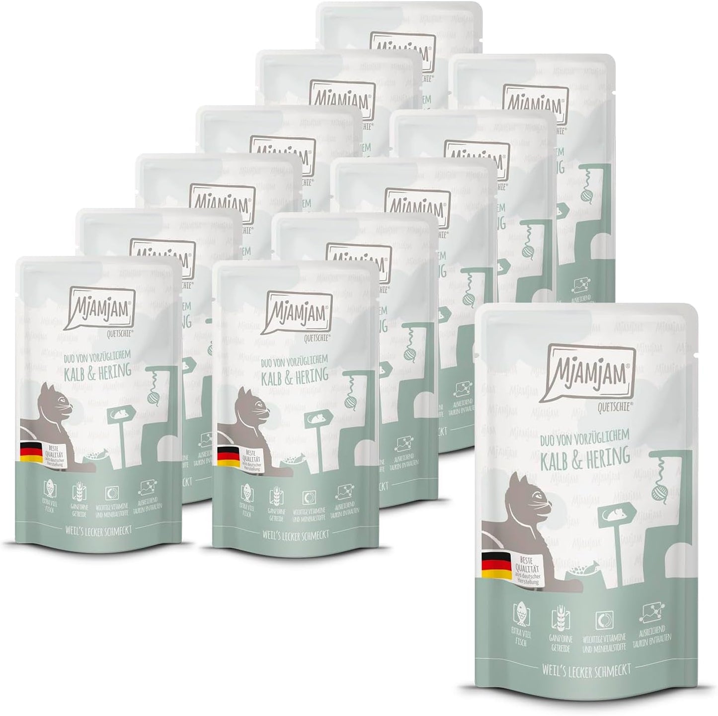 MjAMjAM - Nourriture humide premium pour chat - Sachet compressible - DUO au veau raffiné et hareng, pack de 12 (12 x 125g), sans céréales