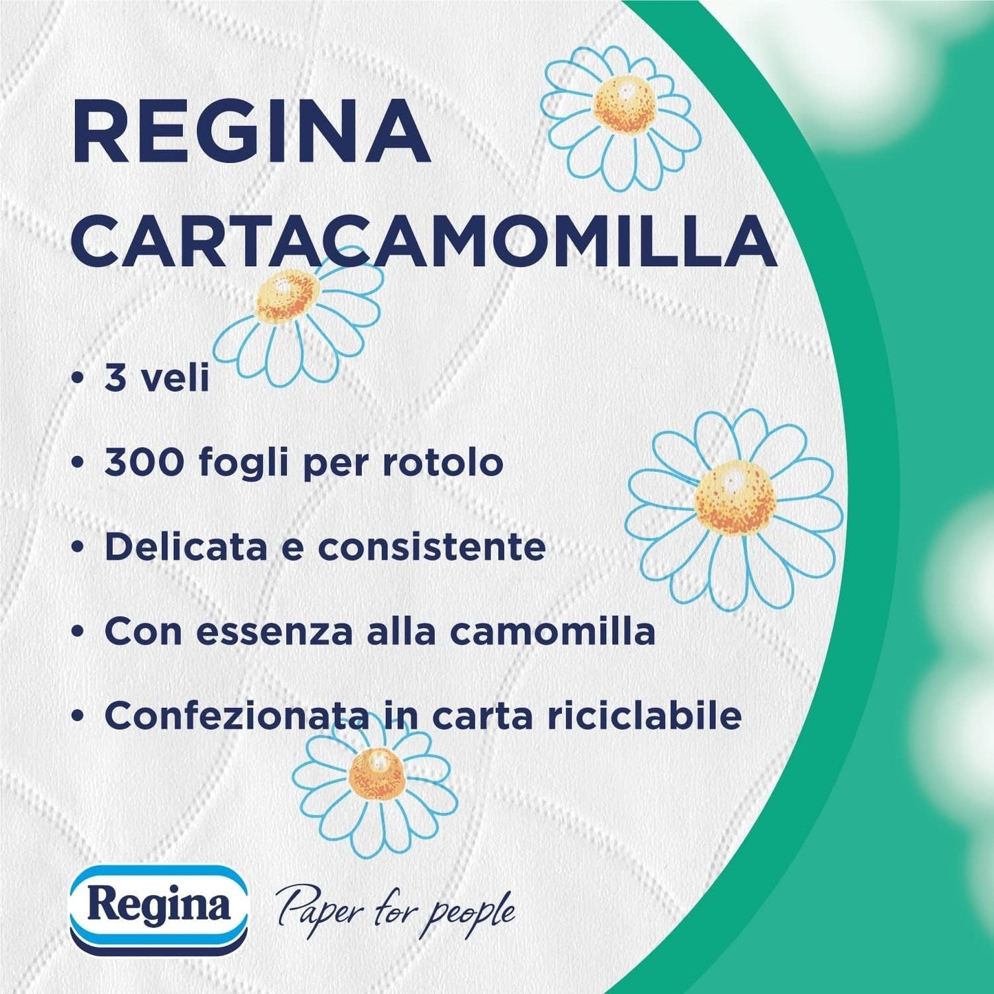 Regina Cartacamomilla - 8 rouleaux de papier toilette, 300 feuilles moelleuses, 3 épaisseurs, doux et ferme, emballage en papier recyclable