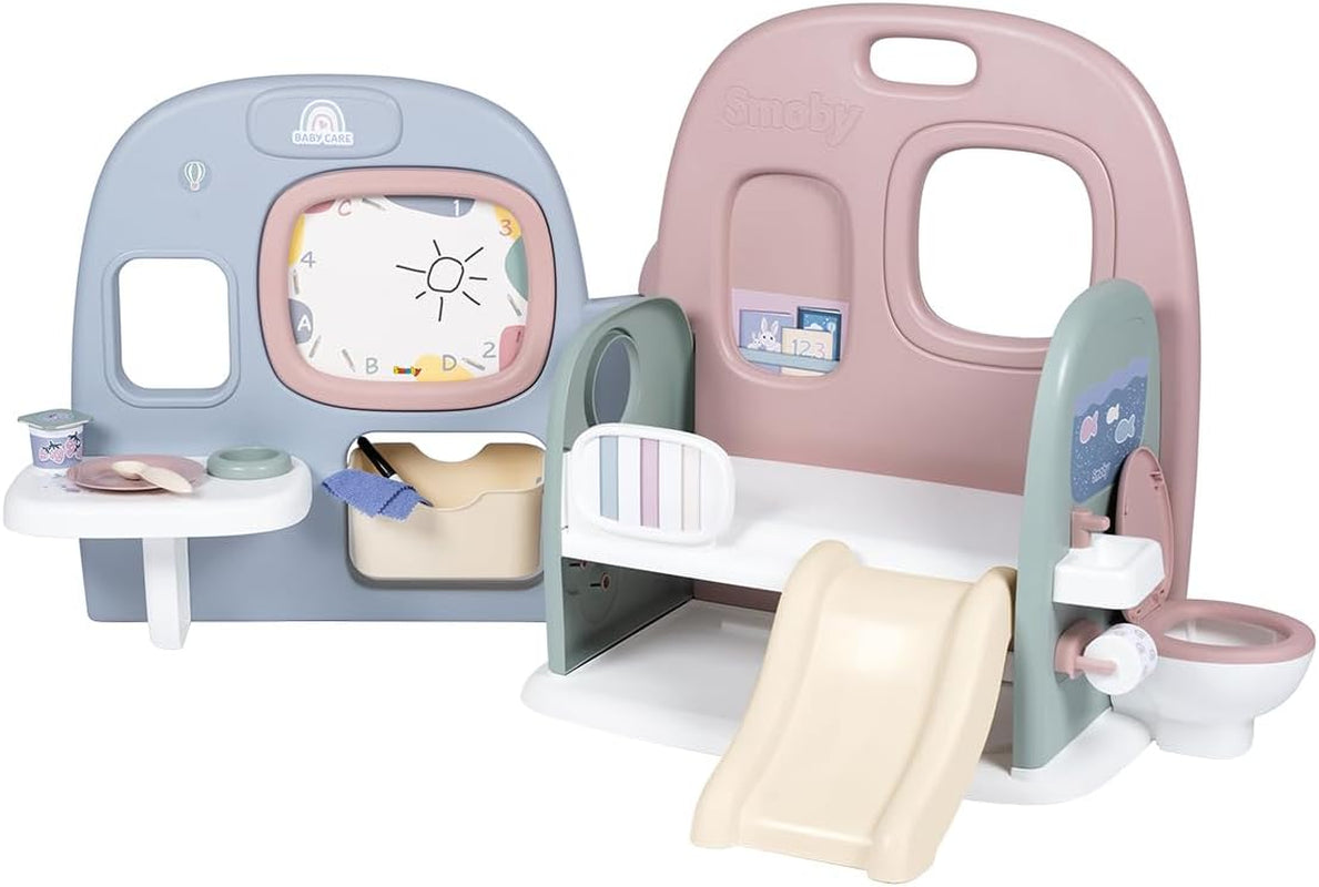 Smoby - Puériculture Chambre de poupées - Centre de jeux pour poupées Crèche + Maternelle Vie quotidienne - Aire de jeu pliable avec rotation à 360° - 6 accessoires - Fabriqué à 90% de matières recyclées en France, dès 3 ans