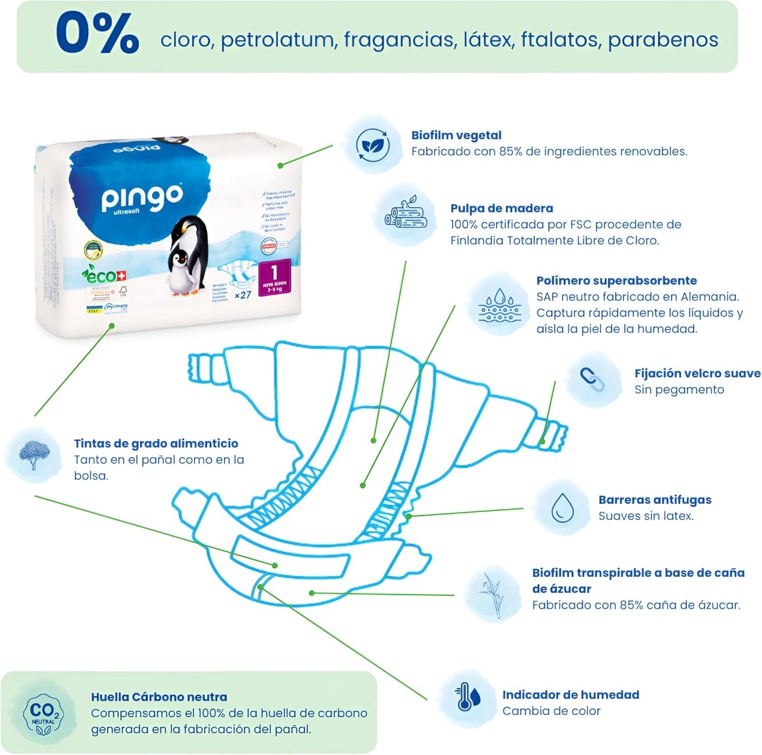 Couches bio taille 1 nouveau-né (2-5 kg), 1 sachet de 27 couches