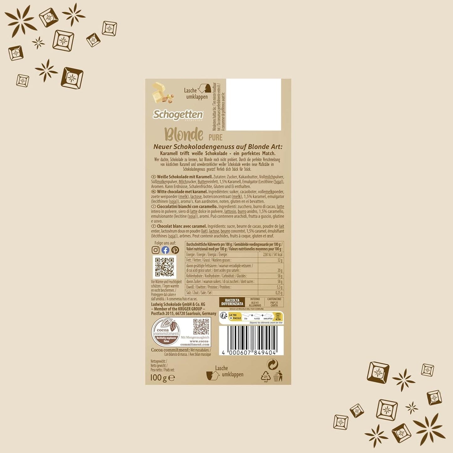Schogetten Blonde Pure I chocolat blanc au caramel I 100 g I portion individuelle (paquet de 2)