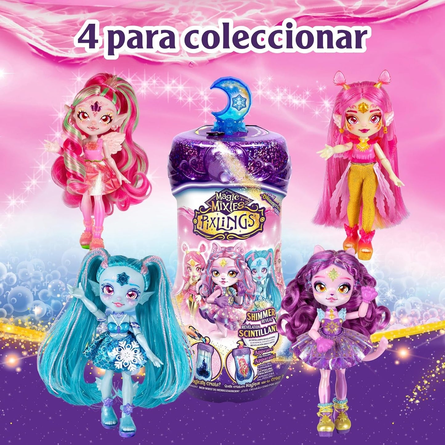 Pixlings Magical Dolls, 4 poupées assorties - 2 neuves - Poupée mode 15 cm - Potions magiques - Jouet de potions secrètes (MG101000)