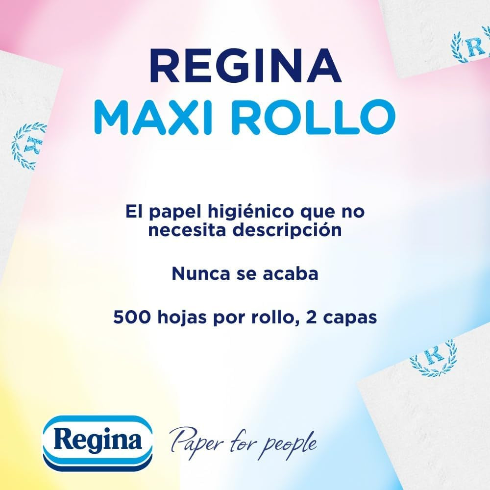 Regina Maxi Roll - 4 rouleaux de papier toilette, 500 feuilles 2 épaisseurs par rouleau, plus de trois fois un rouleau standard, emballage en plastique recyclé à 60 %, papier certifié 100 % Fsc