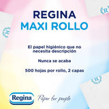 Regina Maxi Roll - 4 rouleaux de papier toilette, 500 feuilles 2 épaisseurs par rouleau, plus de trois fois un rouleau standard, emballage en plastique recyclé à 60 %, papier certifié 100 % Fsc