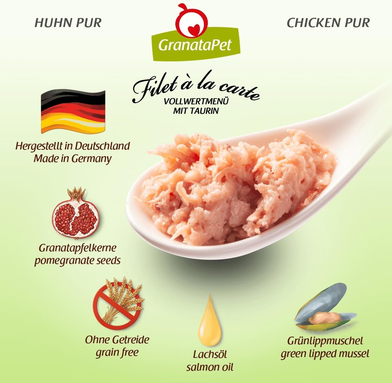 GranataPet Filet à la carte Poulet PURE, nourriture humide pour chat, morceaux de filet sans céréales, nourriture pour chat sans sucre ajouté, haute teneur en viande, 6 x 85 g