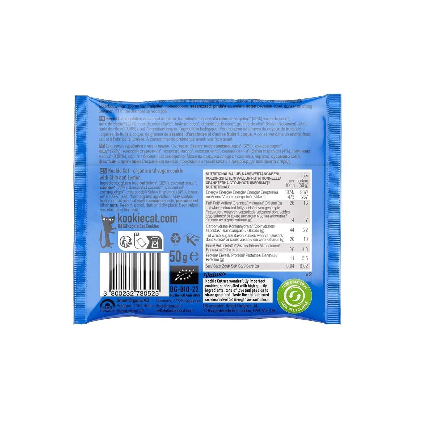 Chia et Citron - Biscuits végétaliens emballés individuellement, sans gluten, sans soja, biologiques, noix de cajou et avoine - 12 x 50 g Multipack