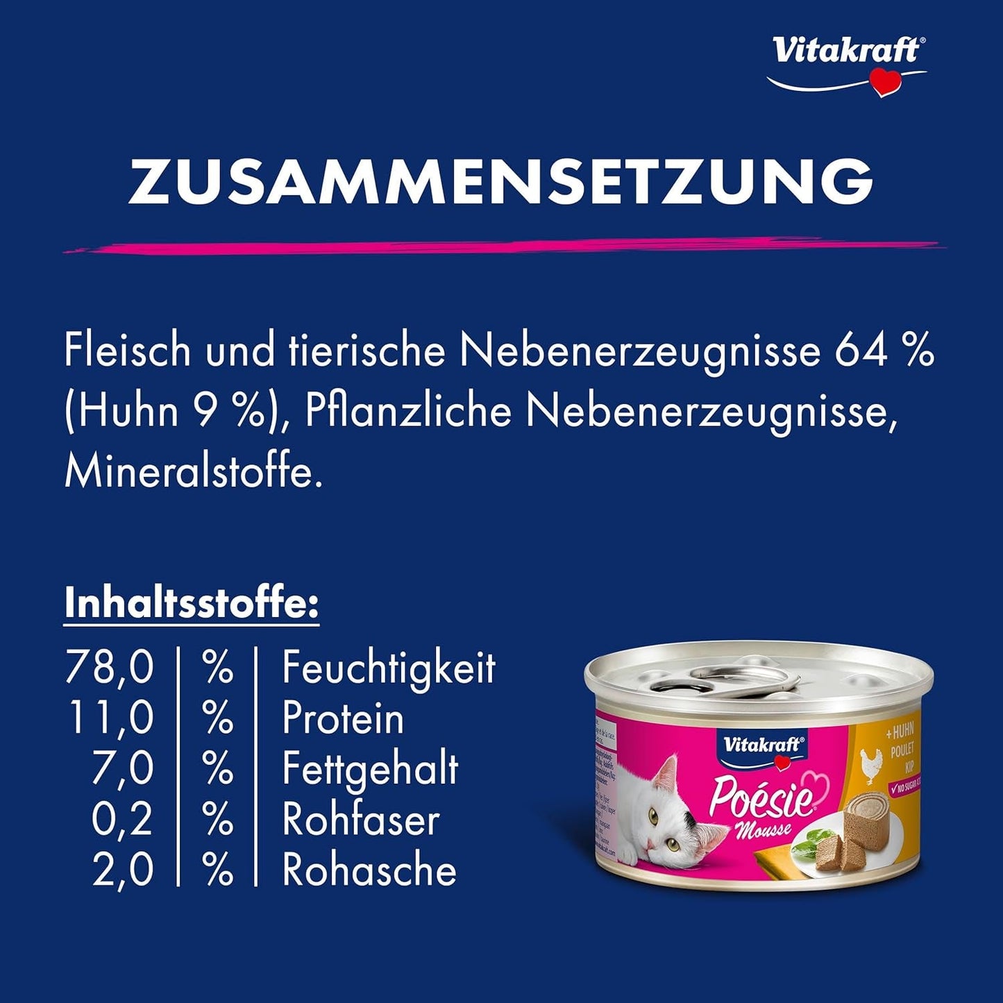 Vitakraft Poésie Mousse, nourriture humide pour chat, mousse aérée, au poulet, sans sucre ni céréales ajoutés (12 x 85g)