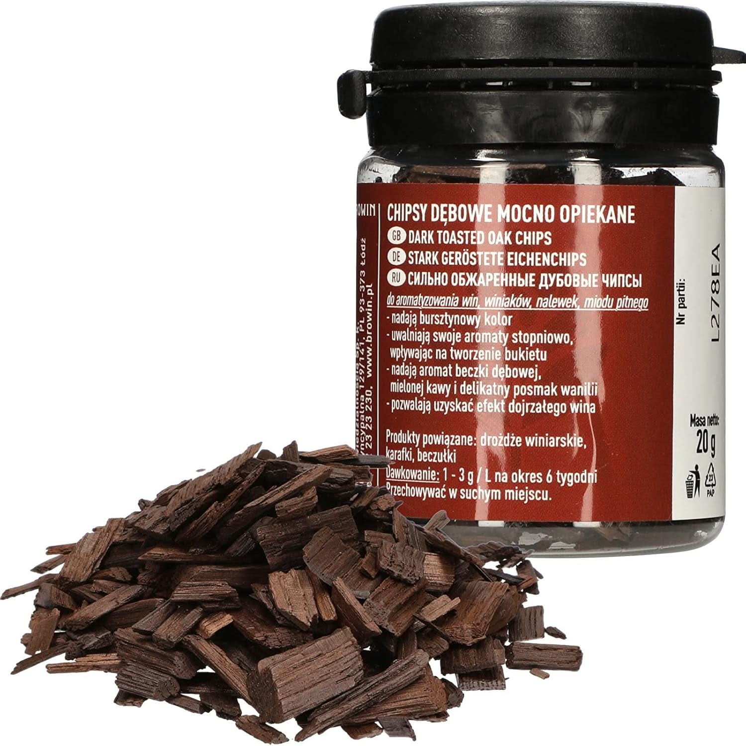 Browin Strong Roasted Oak Chips 20g - flocons, fins bâtonnets de chêne pour aromatiser l'alcool, marron Aromas Naty Shop