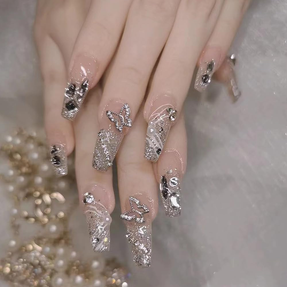 Ensemble de faux ongles adhésifs – Faux ongles français – 24 pièces, design carré court, ongles artificiels dégradés blanc et rose, manucure ballerine (dégradé rose court)