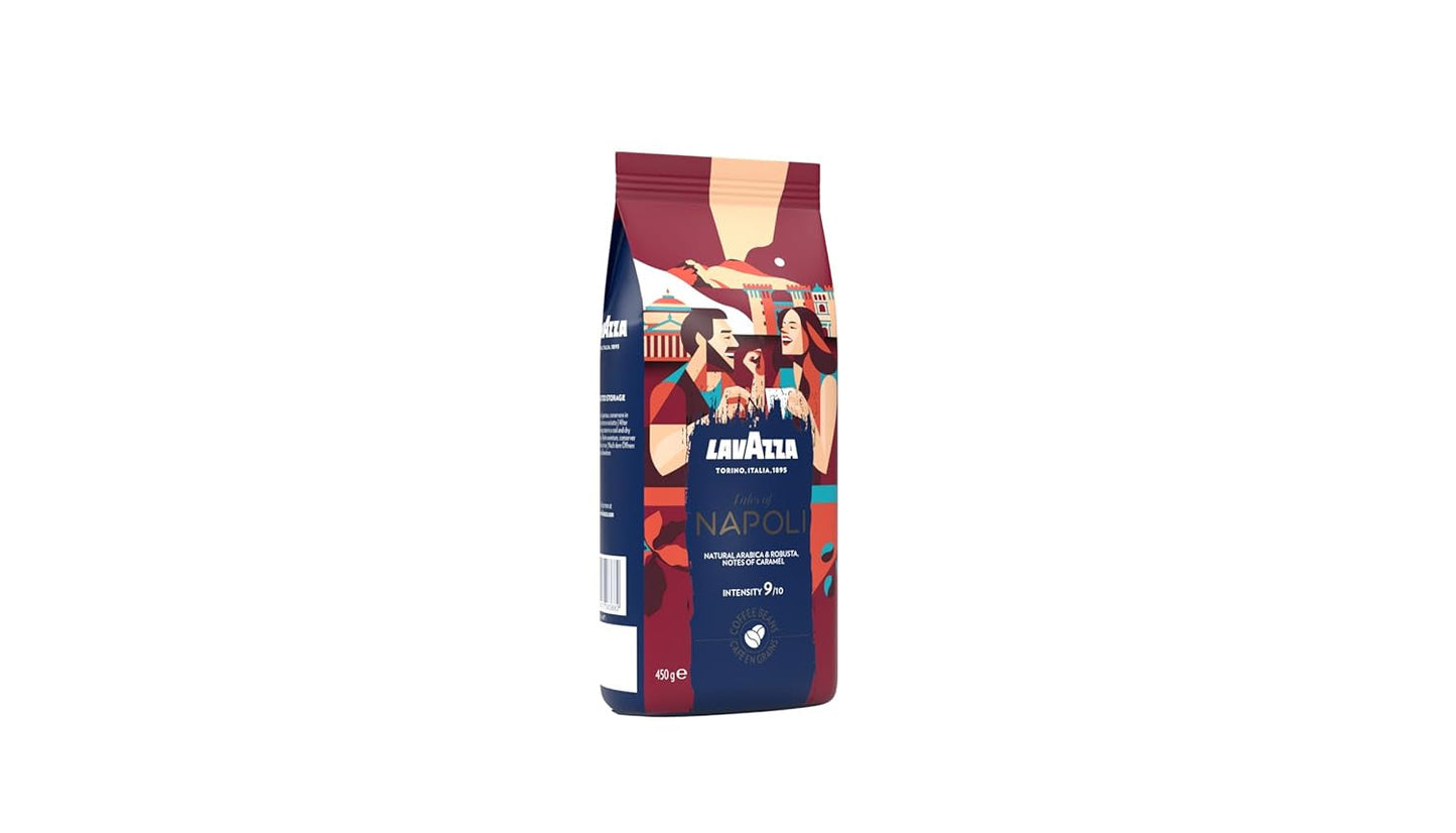 Lavazza, Tales of Napoli, café en grains, idéal pour machines à expresso, aux notes aromatiques de cacao et de caramel, Arabica et Robusta, intensité 9/10, torréfaction intense, 450 g