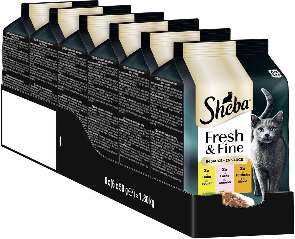 Sheba Portion Pouches Nourriture humide pour chats, multipack Fresh & Fine en sauce avec poulet et saumon MSC, 6x6x50g - Repas fins pour chats en sauce