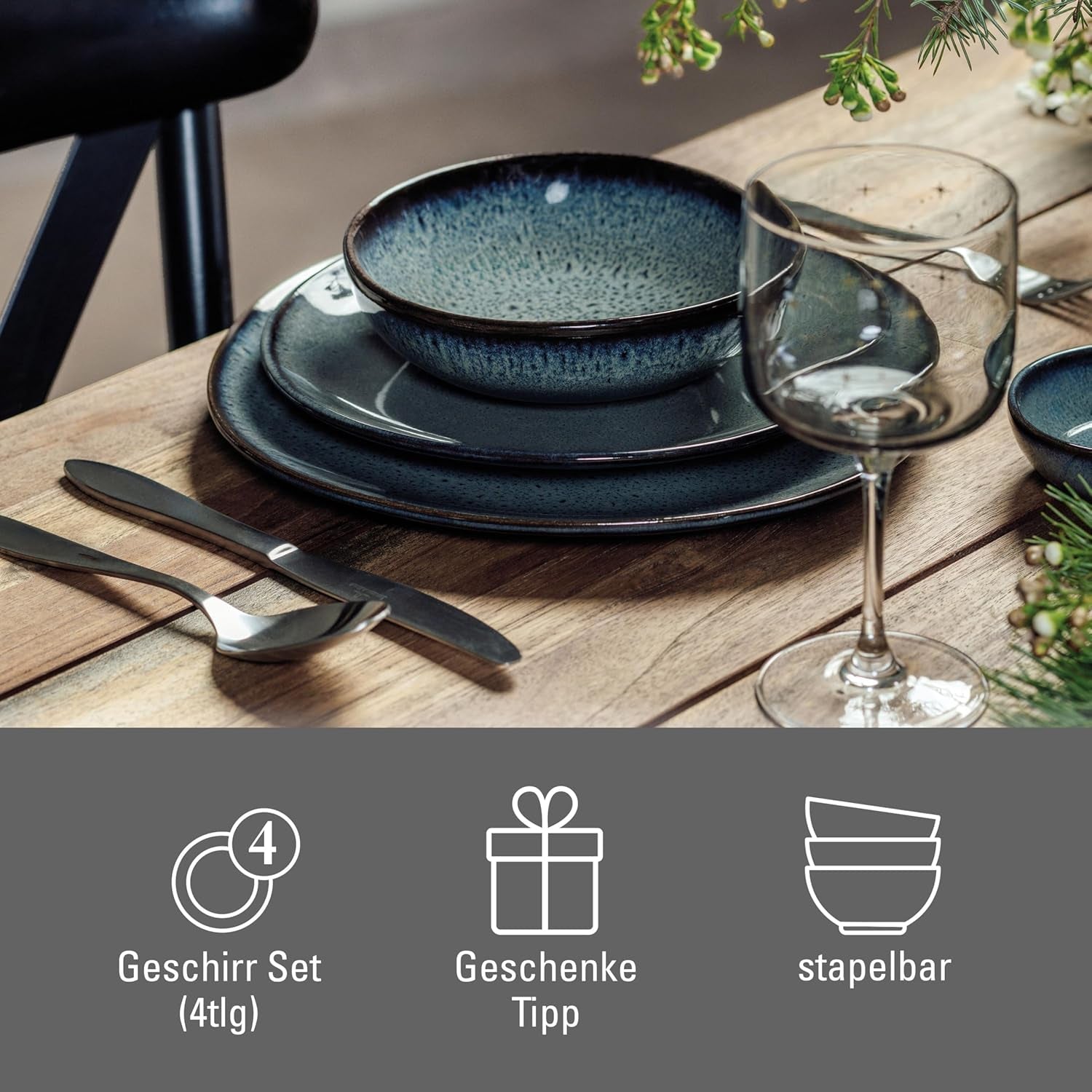comme. de Villeroy & Boch - Service de table en grès Lave Gris, 4 pièces, aspect céramique, service de table pour 2 personnes, gris