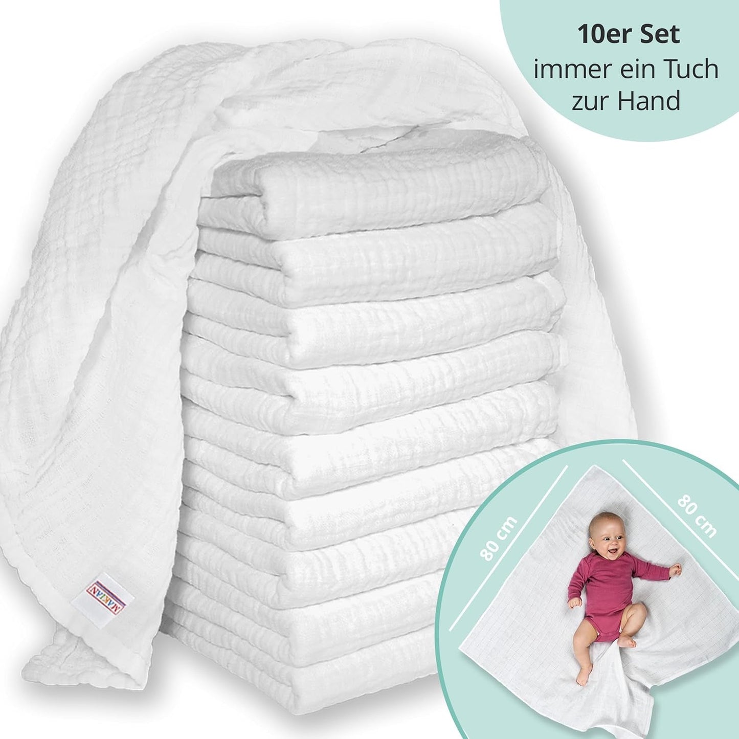 MAKIAN Carrés de Mousseline, Paquet de 10, 80x80cm, Certifié Oeko-TEX® Standard 100, 10 Chiffons Premium - Carrés de Tissu Double Tissé / Carrés de Mousseline, Résistant à l'ébullition - Blanc