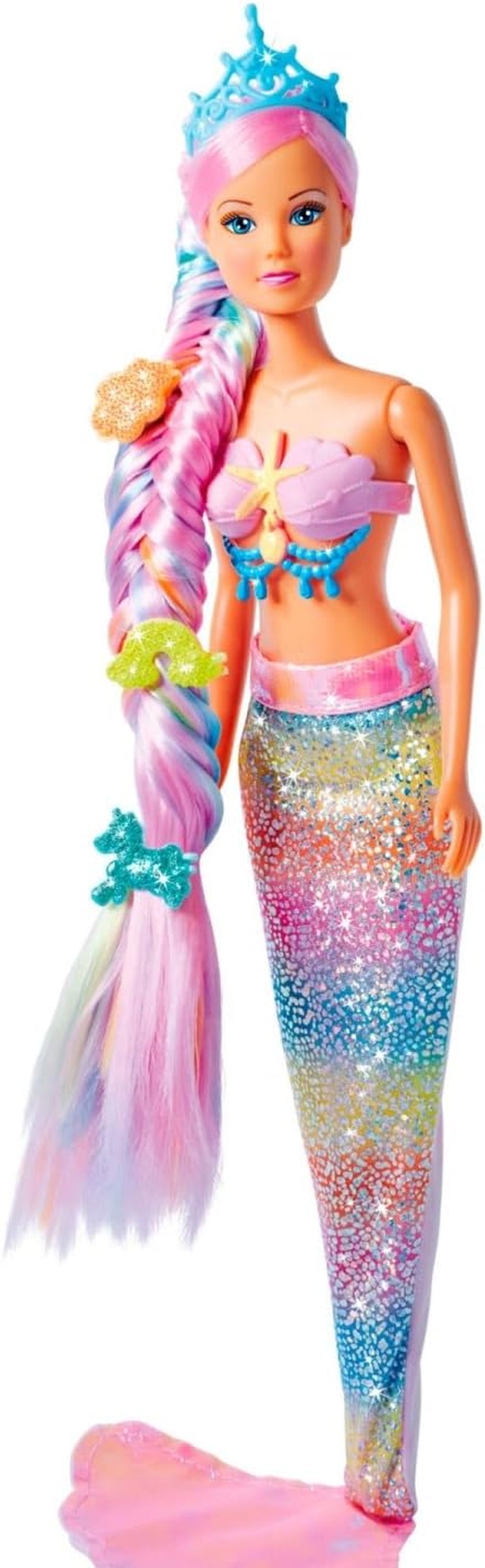 Simba 105733610 - Steffi Love Rainbow Mermaid, poupée mannequin sirène arc-en-ciel avec cheveux colorés, pinces à cheveux, peigne et nageoire amovible, poupée de jeu 29 cm, à partir de 3 ans