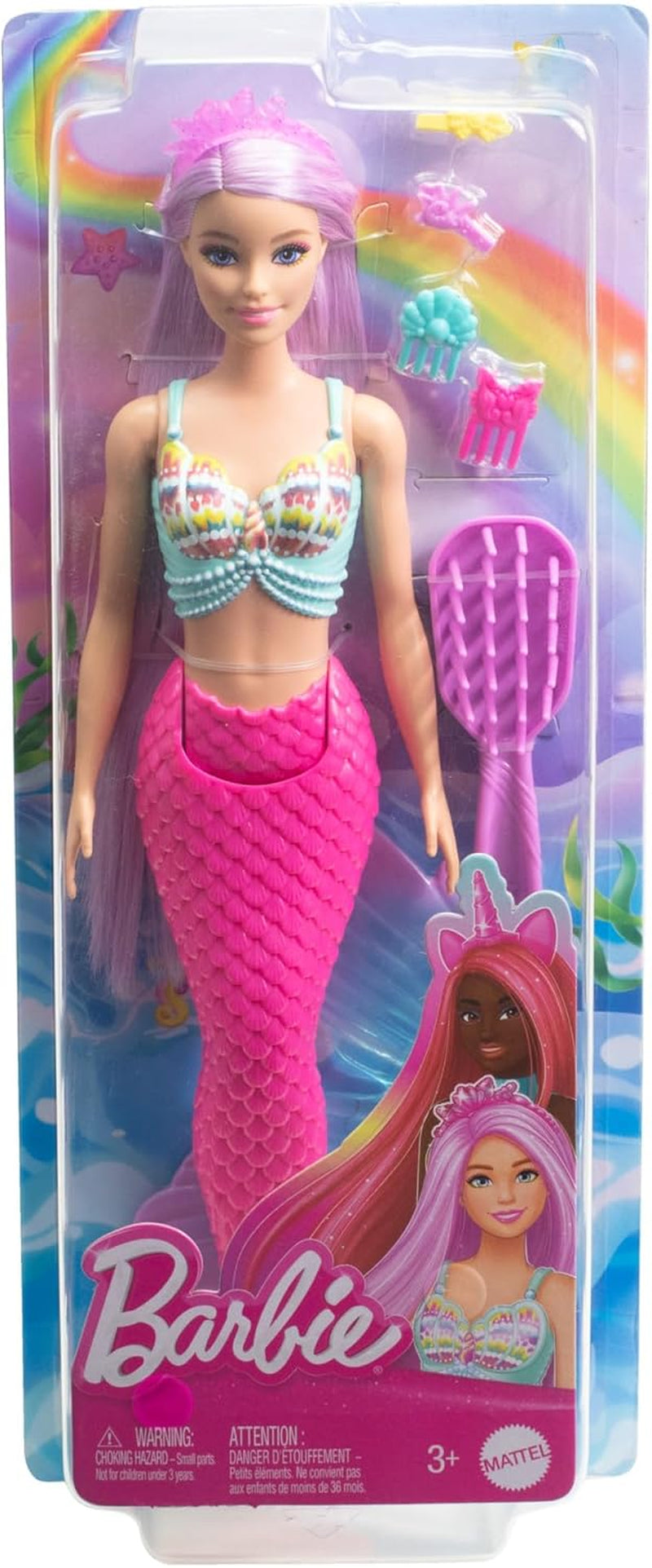 Poupée Barbie Sirène - avec de longs cheveux roses et des accessoires de coiffure individuels, dont une brosse, une jolie pointe festonnée et une nageoire caudale rose, à partir de 3 ans, HRR00