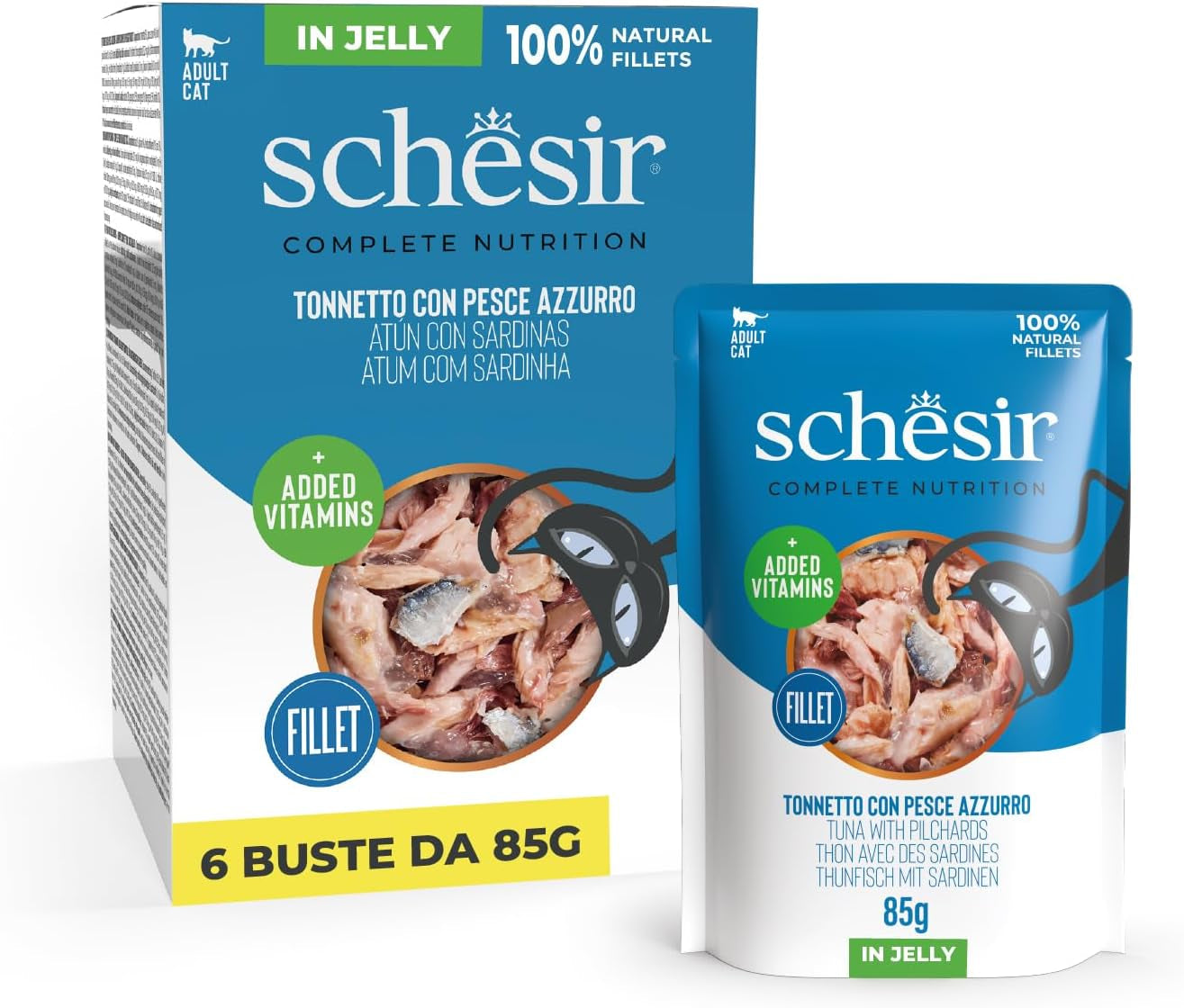 , Thon au poisson bleu en gelée, nourriture humide complète pour chat, en sachet, avec vitamines supplémentaires, 100% naturel, 6 x 85 g