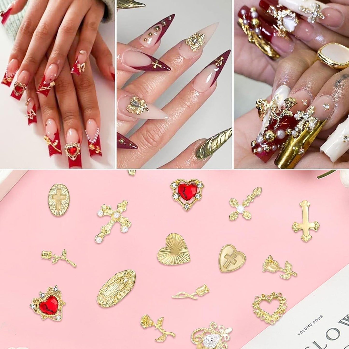 Breloques à ongles dorées, 80 pièces, croix, cœur, vierge marie, pierres précieuses en alliage métallique, accessoires pour manucure, décorations de conception, artisanat à faire soi-même