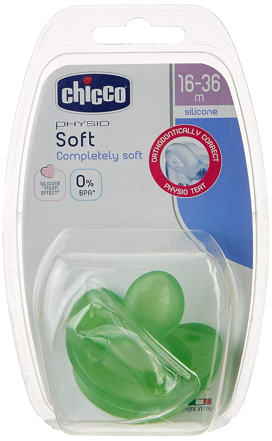 Sucette Chicco « Physio Soft », 12 mois+, silicone, 1 pièce, couleurs assorties