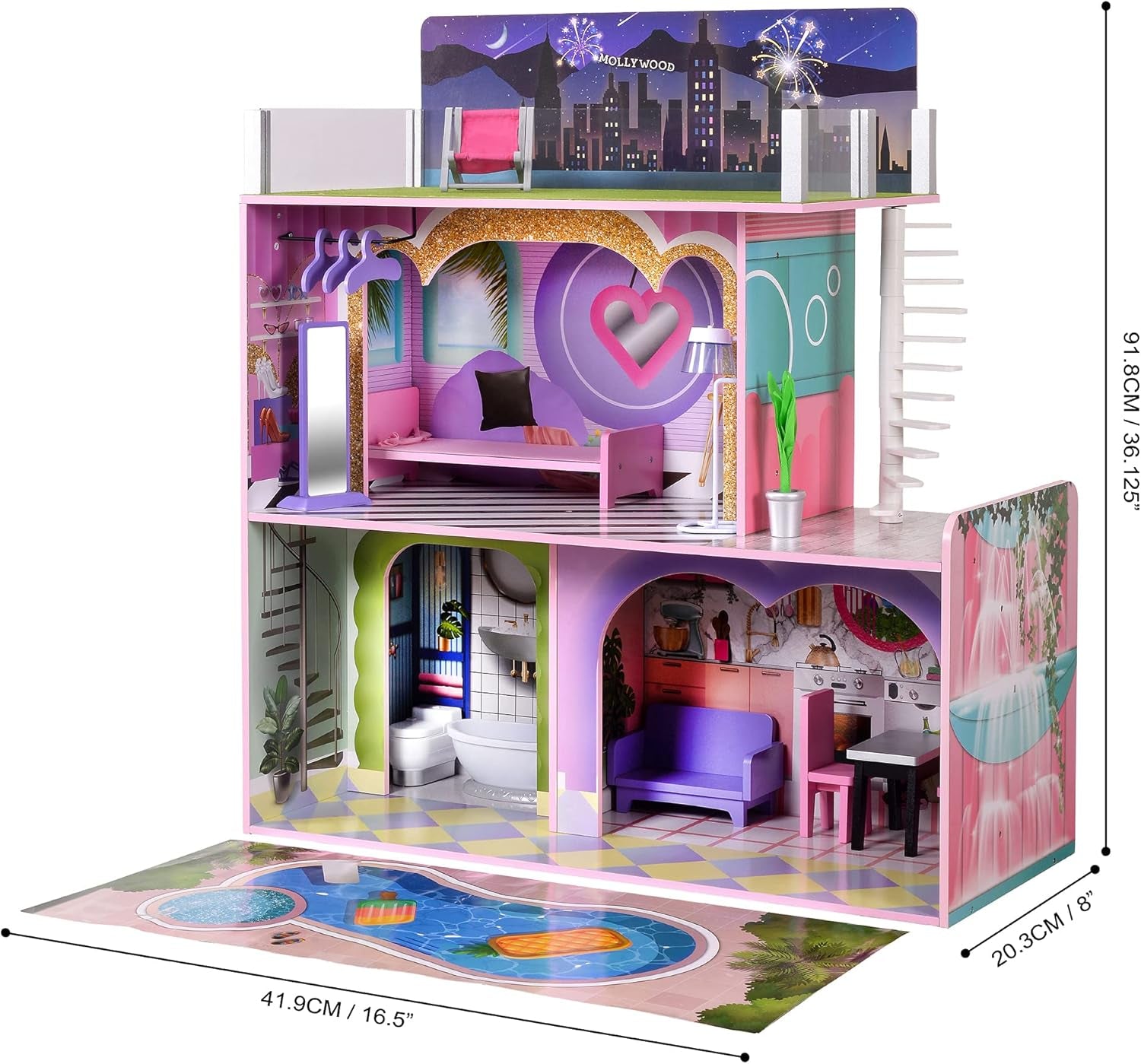 Olivia's Little World Big Dreamland Sunset Maison de poupée interactive en bois pour enfants contemporaine 3 étages avec 16 accessoires de meubles de poupée Multi TD-13616A Maisons de poupées Naty Shop