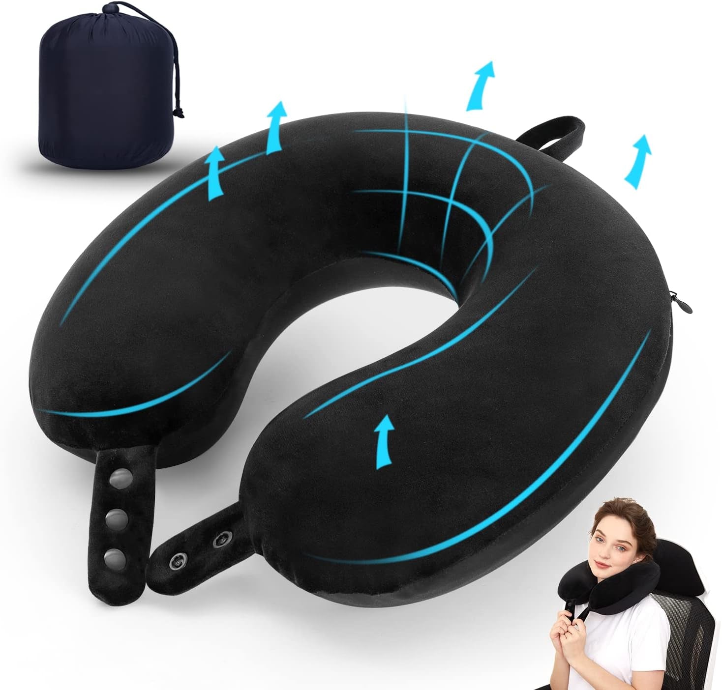 TALLGO Oreiller cervical de voyage, le meilleur oreiller d'avion en mousse à mémoire de forme pour appui-tête, oreiller doux réglable pour avion, voiture et maison, oreillers orthopédiques cervicaux roses Naty Shop Black Standard