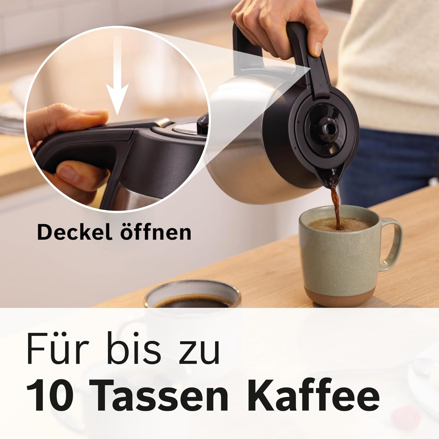 Bosch MyMoment TKA6M273 Machine à expresso à filtre, carafe thermique 1 L, 8-12 tasses, système anti-goutte, porte-filtre rotatif, programme de détartrage, réservoir d'eau amovible, 1200 W, noir mat
