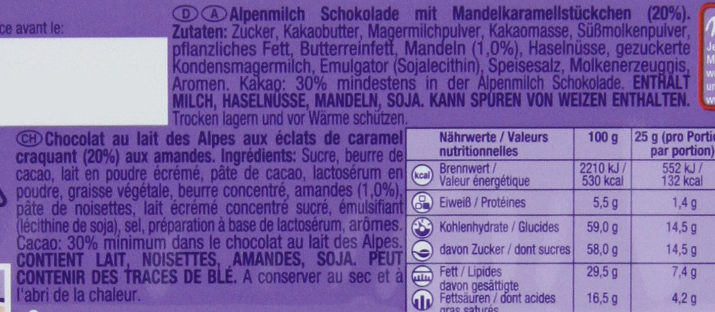 & Daim 1 x 100g I Chocolat au lait alpin I Aux morceaux de caramel et amandes I Chocolat au lait 100% alpin I Tablette de chocolat au Daim (Pack de 4)