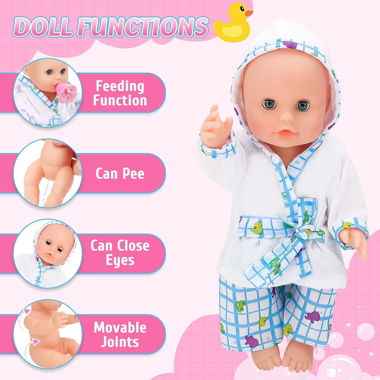 deAO Ensemble de Baignoire pour Poupée, Poupée Interactive de 33 cm, Bain de Poupée, Ensemble de Jeu pour Poupée avec Tétine, Vêtements de Poupée, Peignoir, Couches de Poupée, Baignoire et Douchette Fonctionnelle