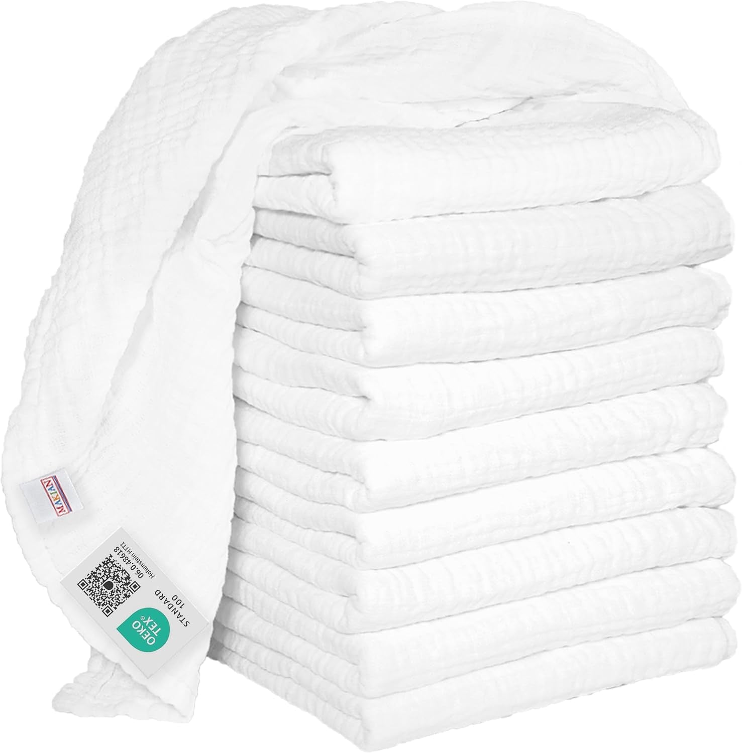 MAKIAN Carrés de Mousseline, Paquet de 10, 80x80cm, Certifié Oeko-TEX® Standard 100, 10 Chiffons Premium - Carrés de Tissu Double Tissé / Carrés de Mousseline, Résistant à l'ébullition - Blanc