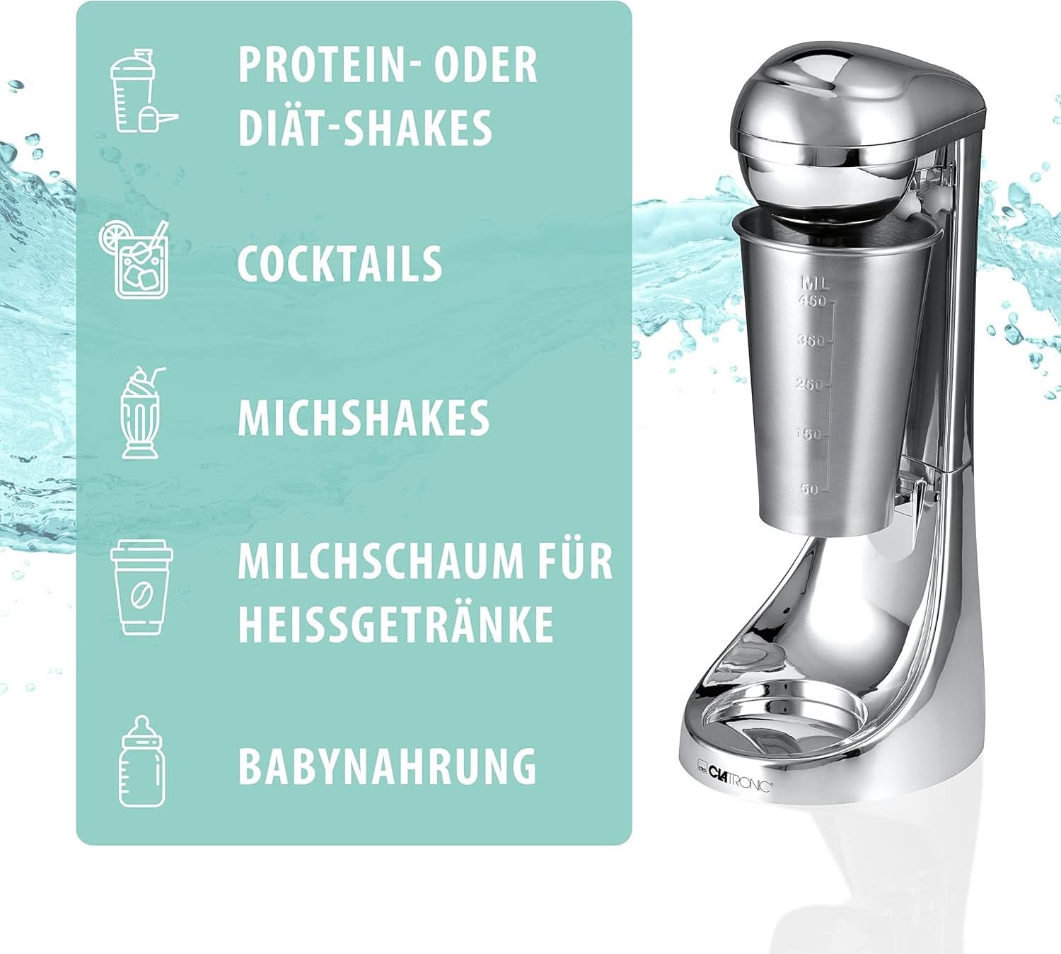 Clatronic® Barmixer U. Milchaufschäumer | Machine à smoothies | 650Ml Bouteilles d'Edelstahlbehälter | Praktischer Becherhalter | Mélangeur | 2 Geschwindigkeitsstufen | Moteur Kraftvoller 65 watts | Chromdesgin | BM 3472 Cuisine Naty Shop