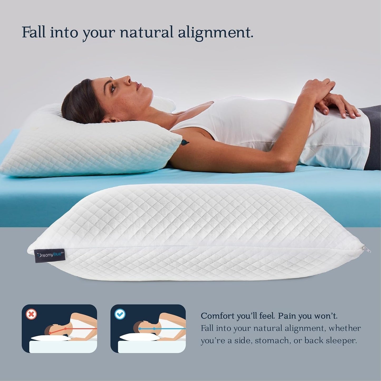 Oreiller de sommeil Dreamyblue Premium - Remplissage en mousse à mémoire de forme déchiquetée [Loft réglable] Housse en viscose de bambou lavable - Pour côtés coulissants, dos et ventre - Oreillers standard Naty Shop