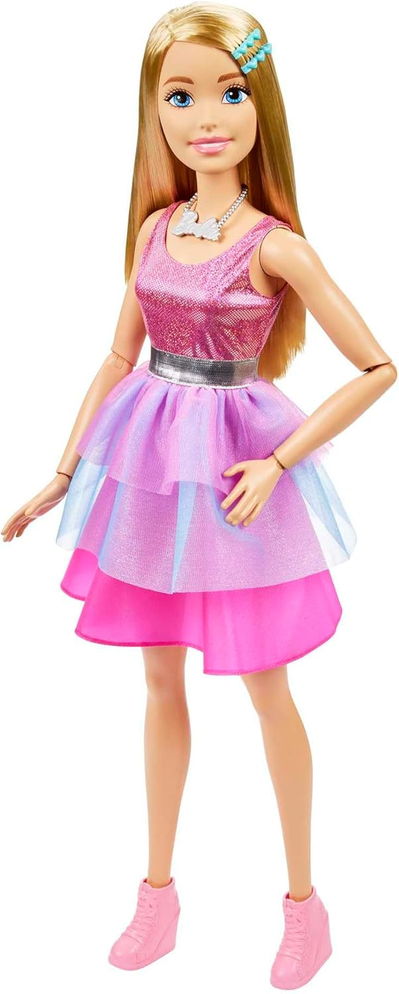 Poupée Barbie Extra Large (71 cm) – Robe rose, cheveux blonds avec pince et collier, cadeau à partir de 3 ans, HJY02