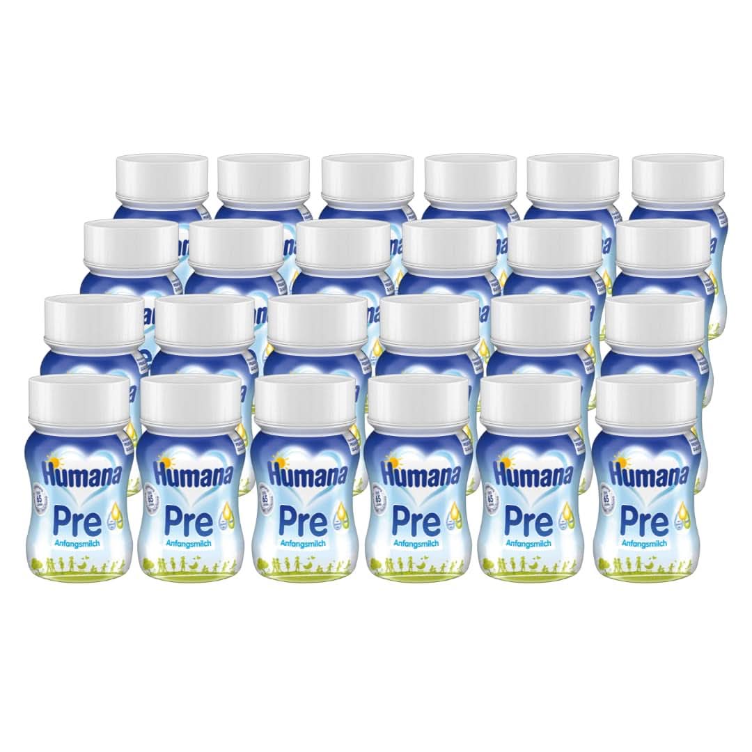 Humana Initial Milk Prêt à boire, dès la naissance, Lait prêt à boire pour nourrissons, En complément du lait maternel ou en pré-aliment unique, Aliment pour bébé avec DHA et lactose uniquement, 24 x 90 ml Naty Shop